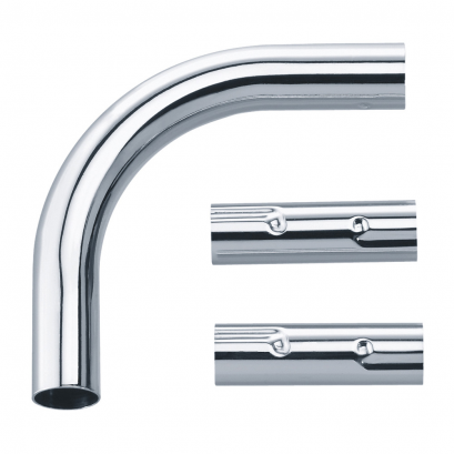 Elbow connector + 2 connecting sleeves for curtain rails, 100 x 100 mm, Chrome and nickel-plated Brass, tube Ø 20 mm
